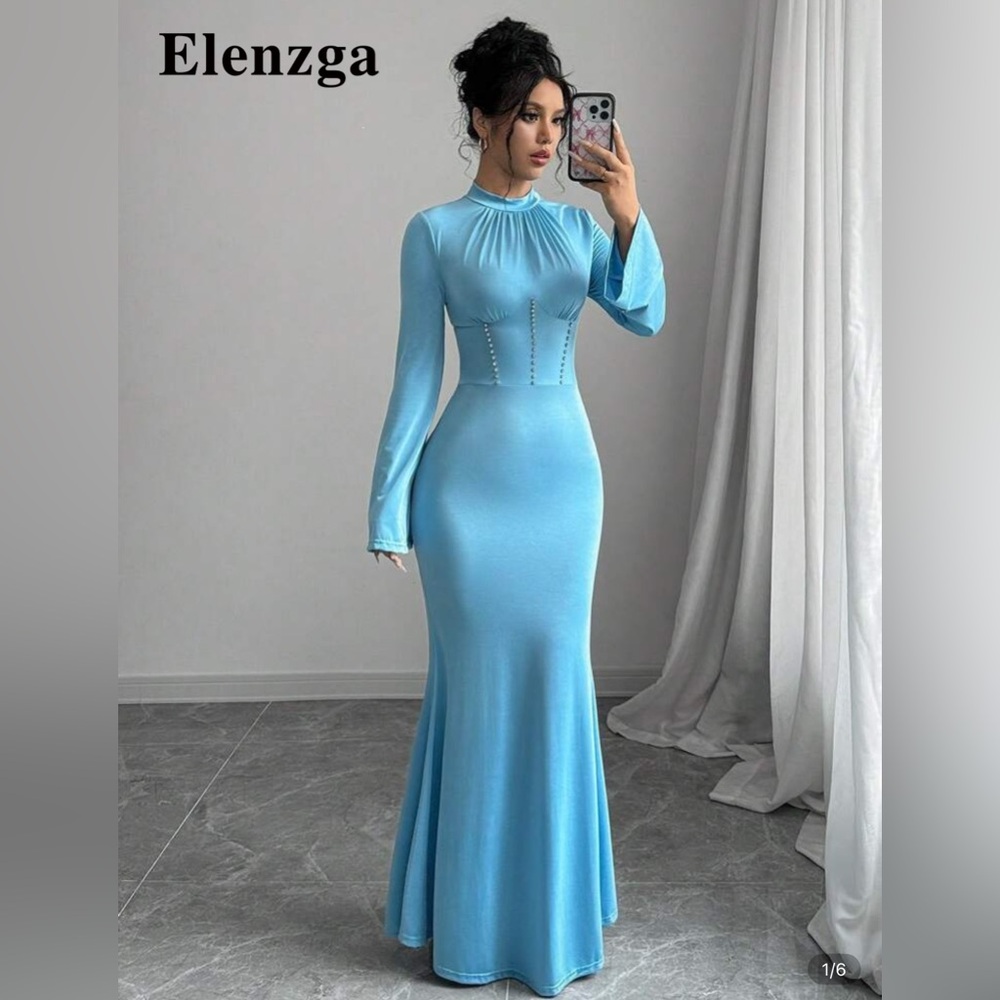 SHEIN Blue Bell Sleeve Mock Neck Bodycon Dress